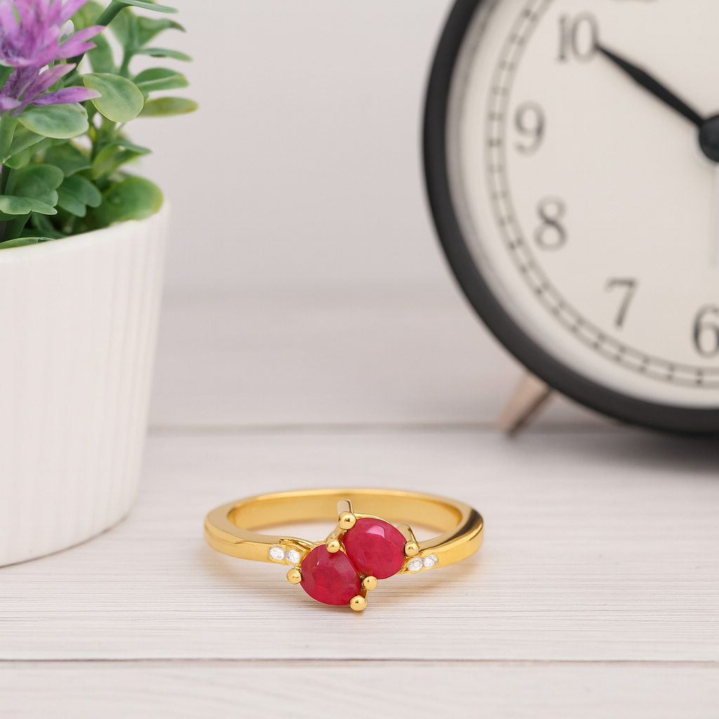 Ruby 0.42 Ct Twin Pear with Accent Ring – 14K Yellow Gold