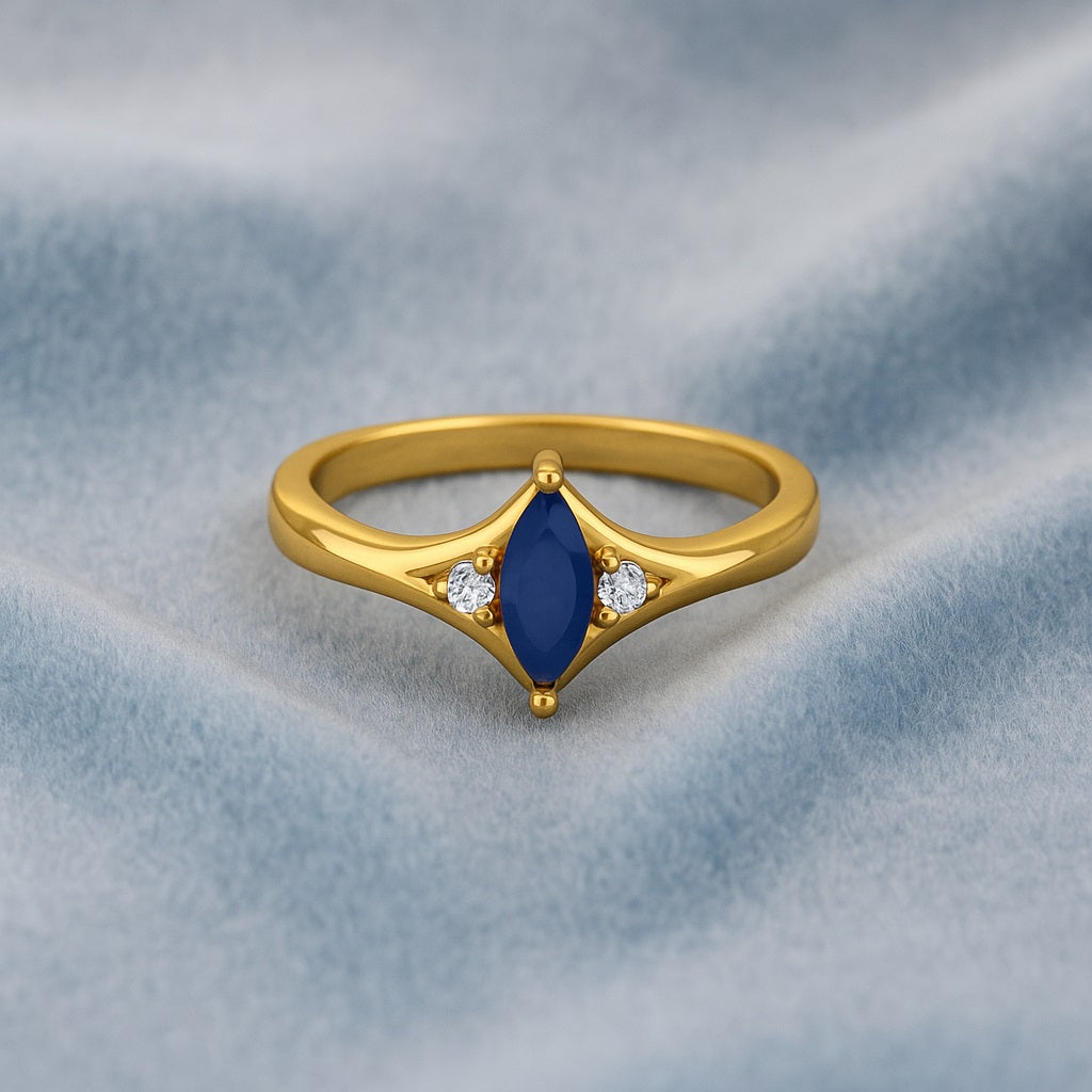 Blue Sapphire 0.25 Ct Marquise Three Stone Ring – 14k Yellow Gold