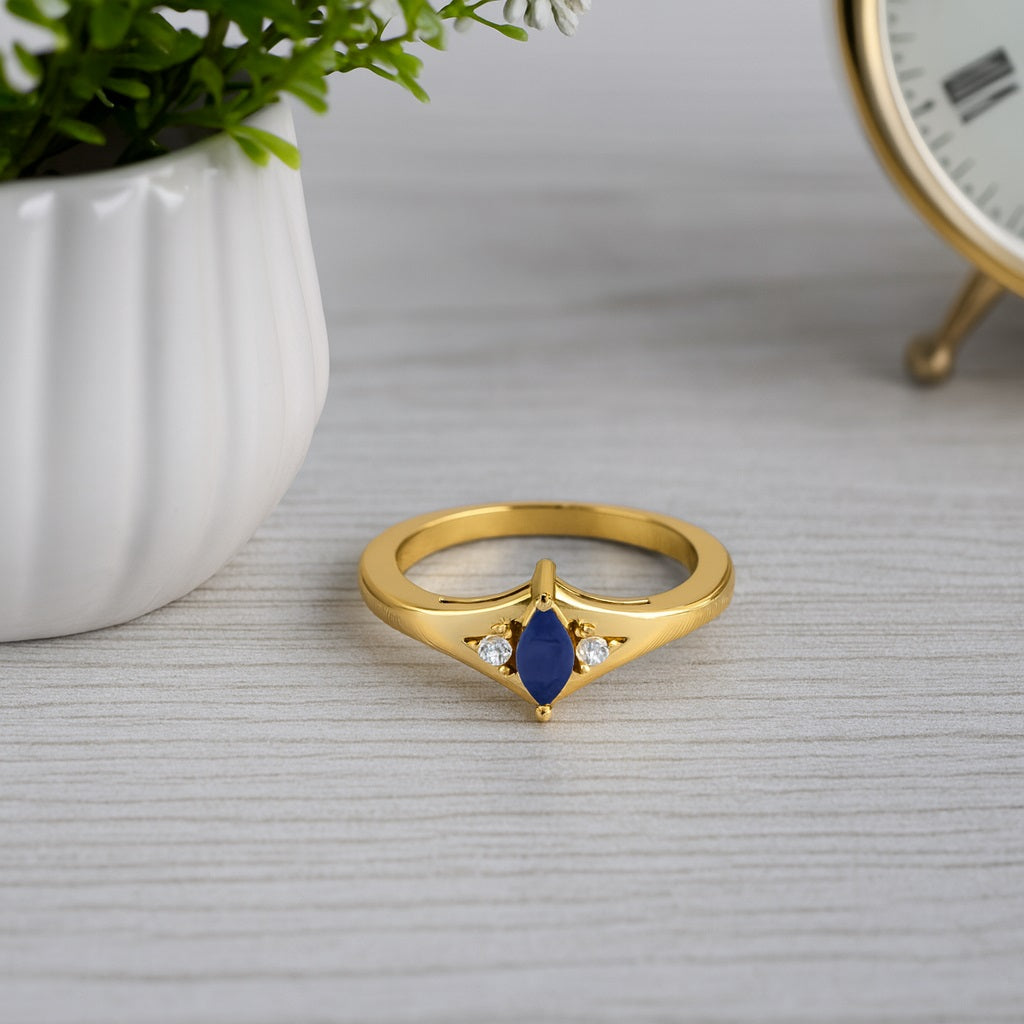 Blue Sapphire 0.25 Ct Marquise Three Stone Ring – 14k Yellow Gold