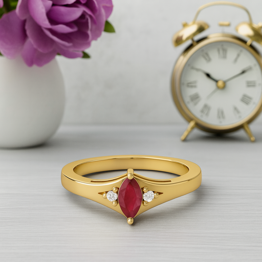 Ruby 0.25 Ct Marquise Elegant V-Cut Three Stone Ring – 14K Yellow Gold