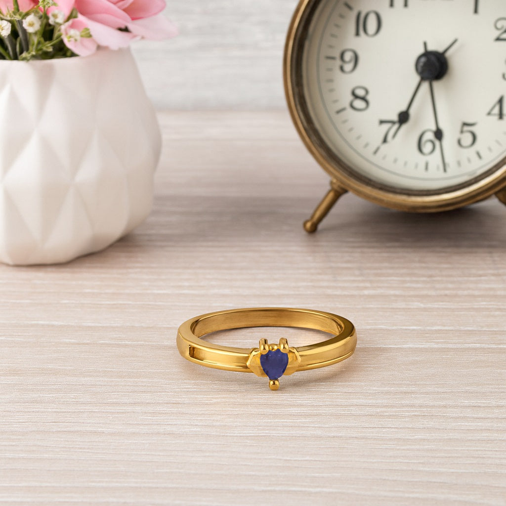 Blue Sapphire CZ 0.10 Ct Heart Minimalist Romantic Ring – 14k Yellow Gold