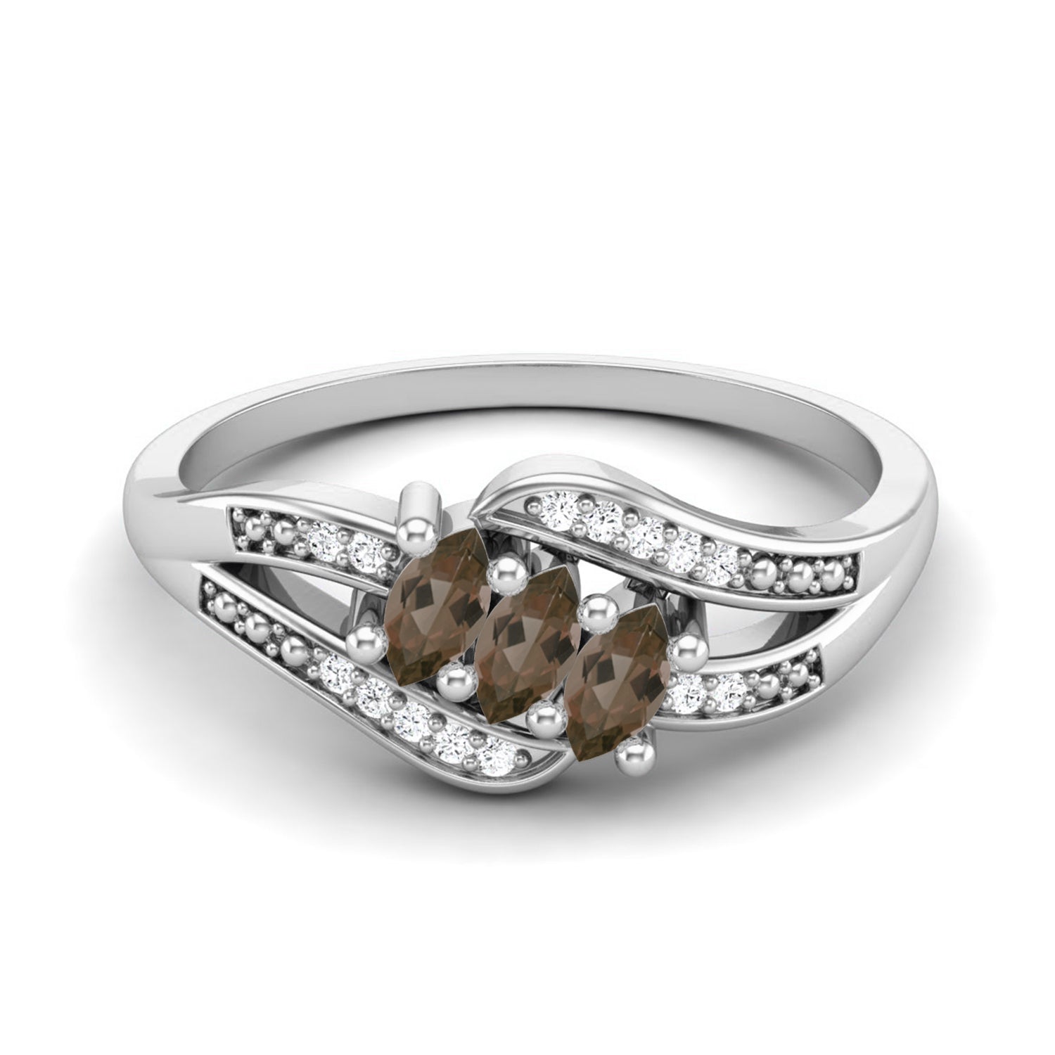 14K Yellow Gold Smoky Quartz 0.30 Ct Marquise Triple Stone with Accents Ring