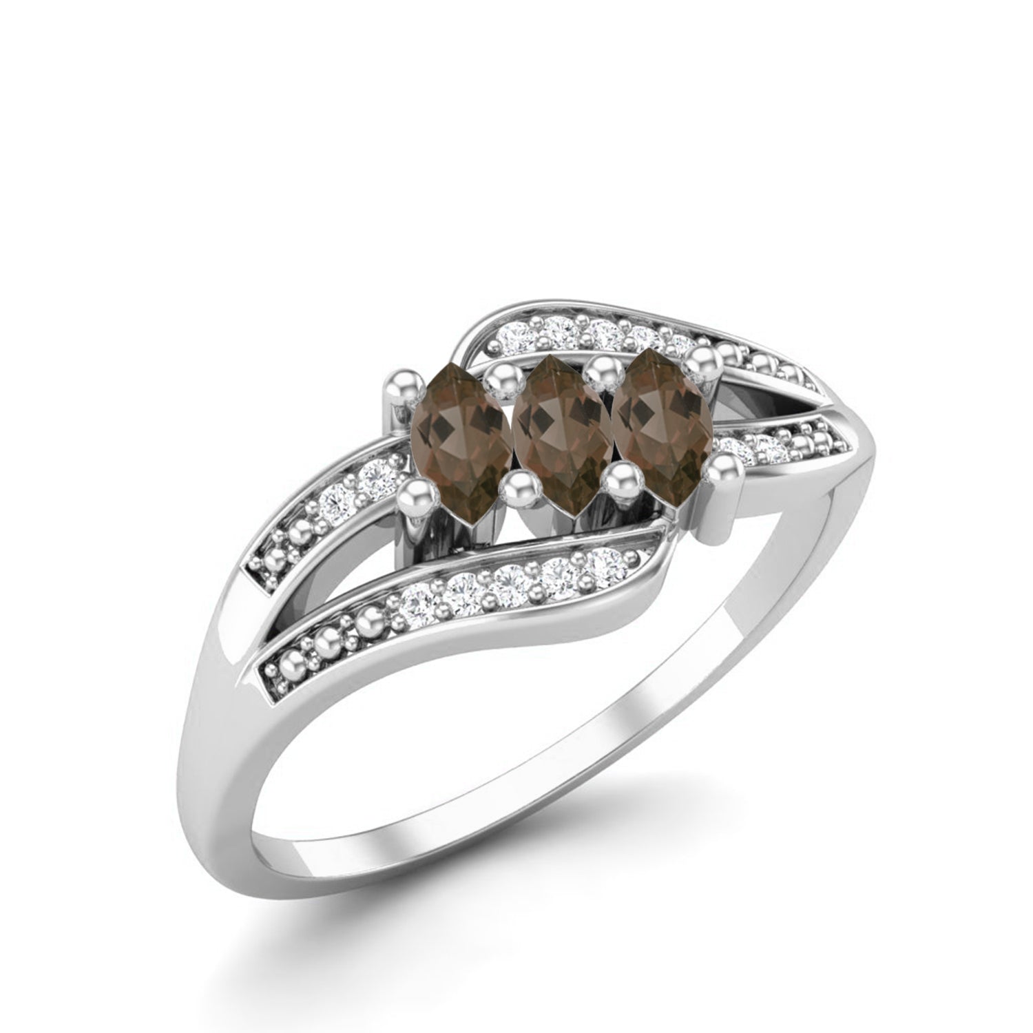 14K Yellow Gold Smoky Quartz 0.30 Ct Marquise Triple Stone with Accents Ring