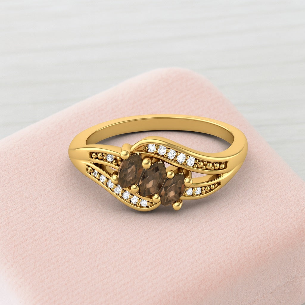 14K Yellow Gold Smoky Quartz 0.30 Ct Marquise Triple Stone with Accents Ring