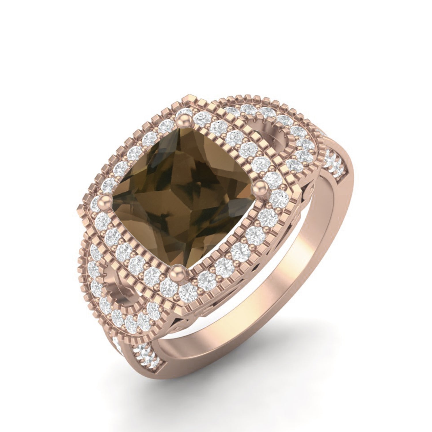Smoky Quartz 2.90 Ct Cushion Cut Double Halo Ring – 14K Yellow Gold