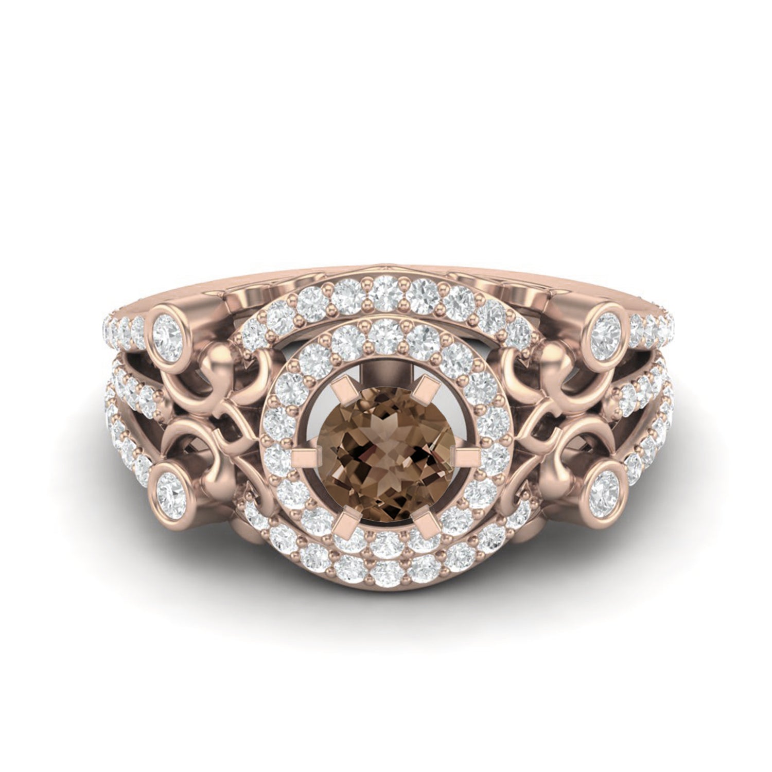 Smoky Quartz 0.65 Ct Round Vintage Inspired Halo Ring – 14K Yellow Gold