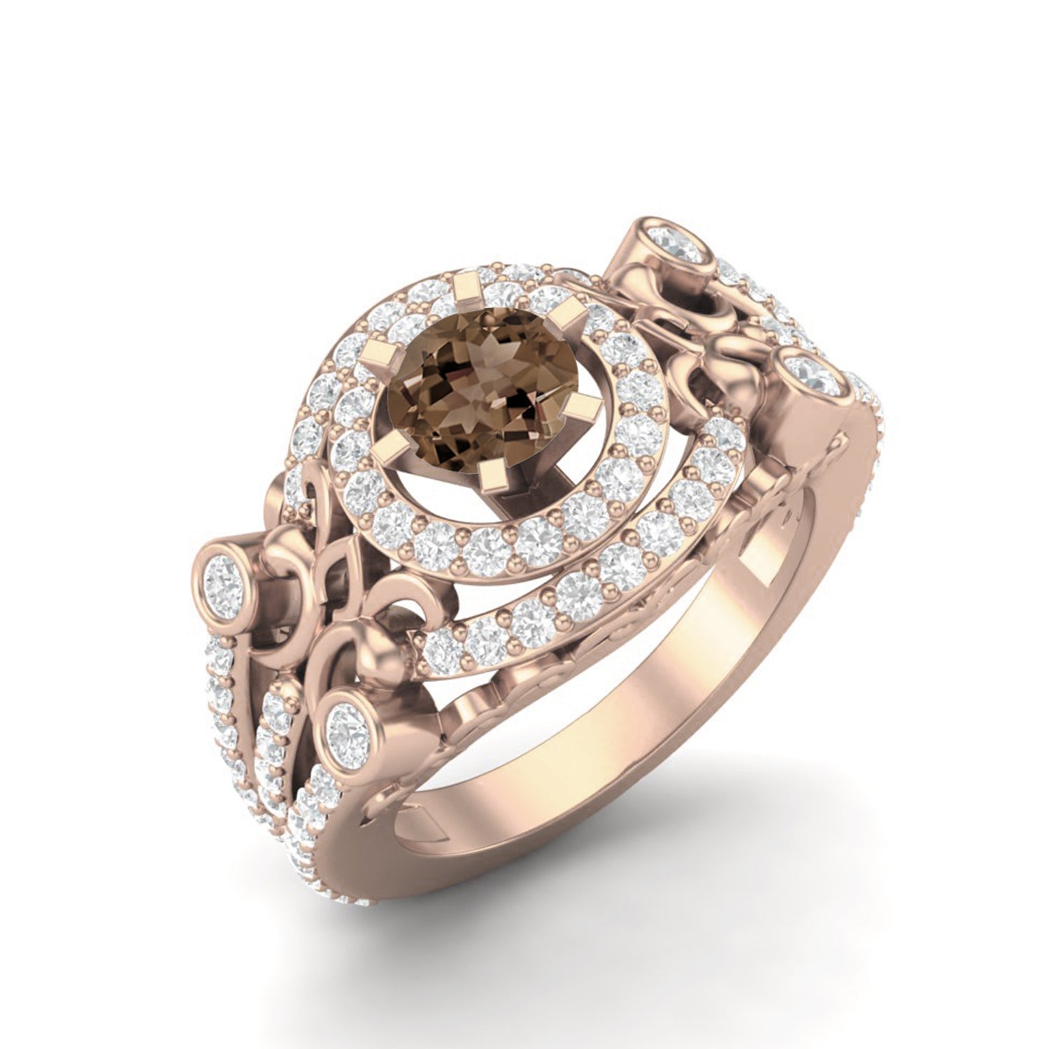 Smoky Quartz 0.65 Ct Round Vintage Inspired Halo Ring – 14K Yellow Gold