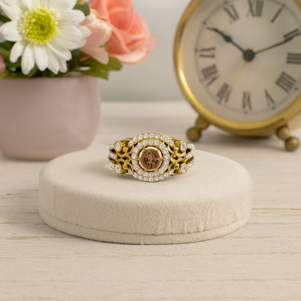 Smoky Quartz 0.65 Ct Round Vintage Inspired Halo Ring – 14K Yellow Gold