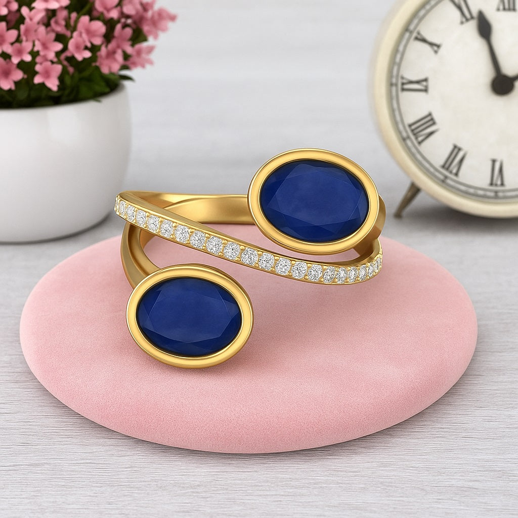 Blue Sapphire 2.00 Ct Oval Double Stone Bypass Ring – 14k Yellow Gold