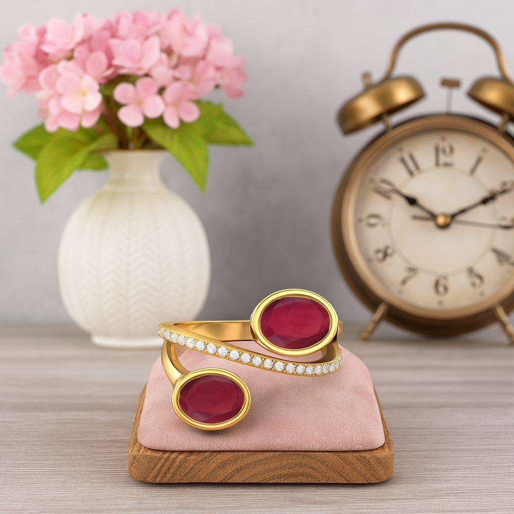 Ruby 2.00 Ct Oval Double Stone Open Bypass Ring – 14K Yellow Gold