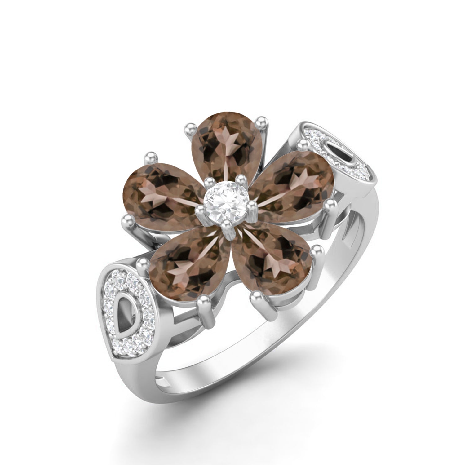Smoky Quartz 1.50 Ct Pear Shape Floral Cocktail Ring – 14K Yellow Gold