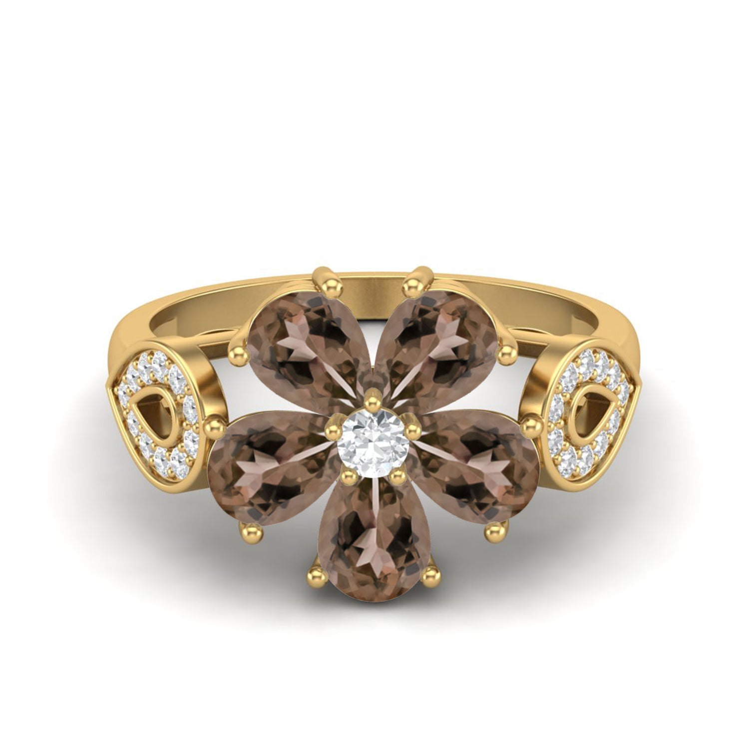 Smoky Quartz 1.50 Ct Pear Shape Floral Cocktail Ring – 14K Yellow Gold