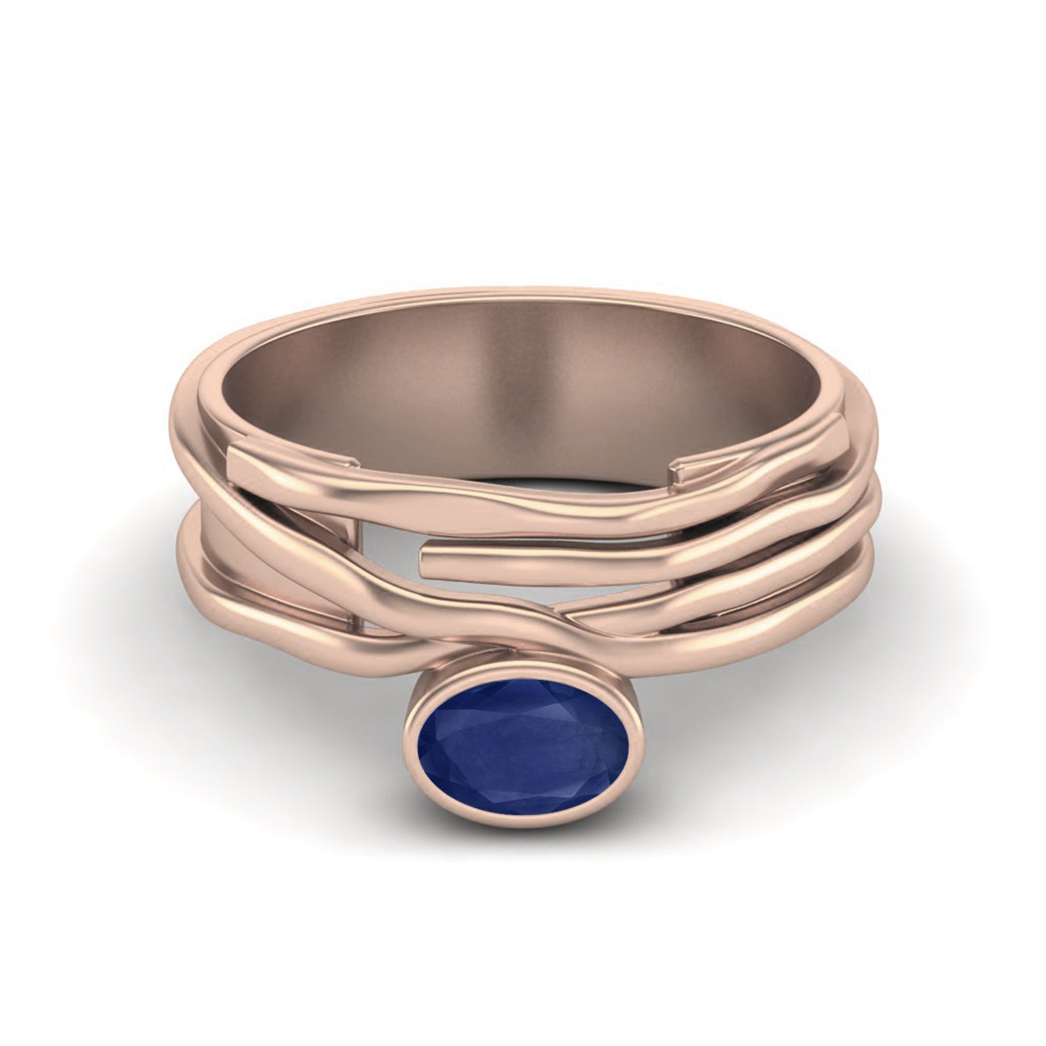 Blue Sapphire 0.50 Ct Oval Wavy Multi-Band Artistic Ring – 14k Yellow Gold