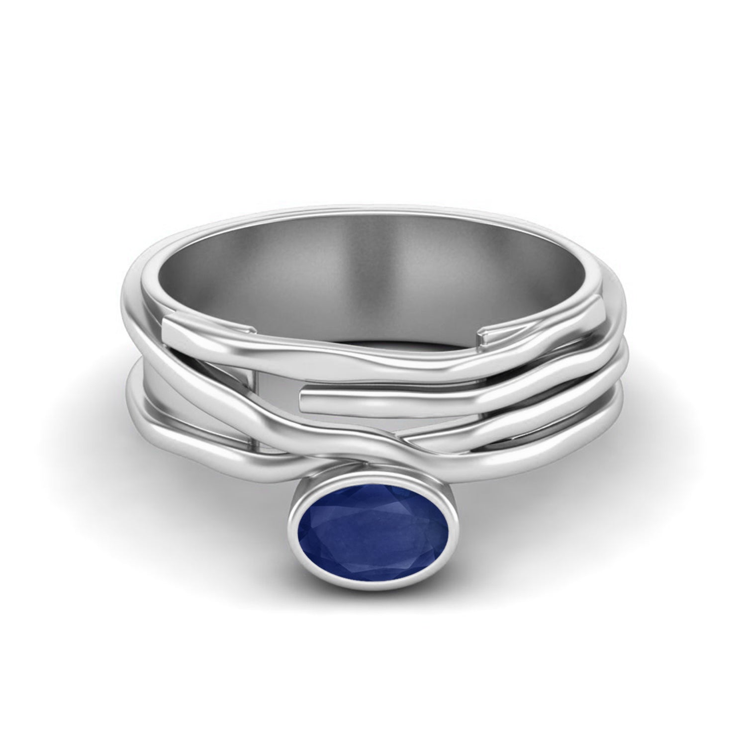 Blue Sapphire Contemporary Wave Band Ring – Sterling Silver