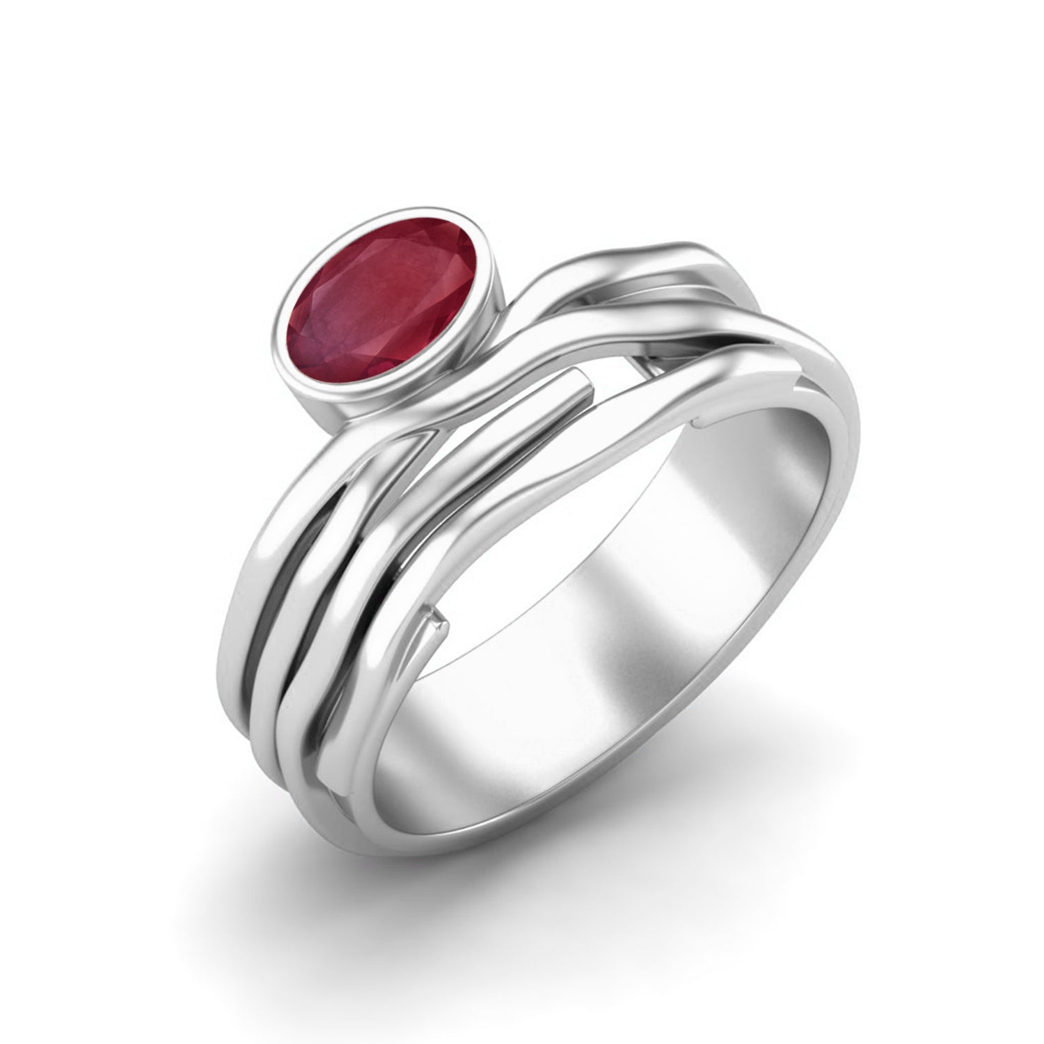 Ruby 0.50 Ct Oval Wavy Band Modern Ring – 14K Yellow Gold