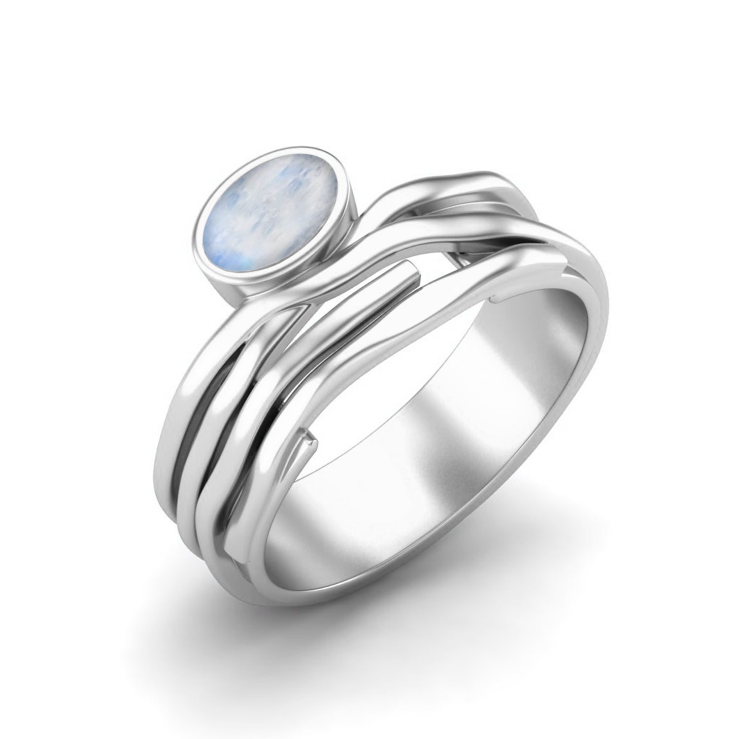 Moonstone Textured Layered Band Ring - Sterling Silver