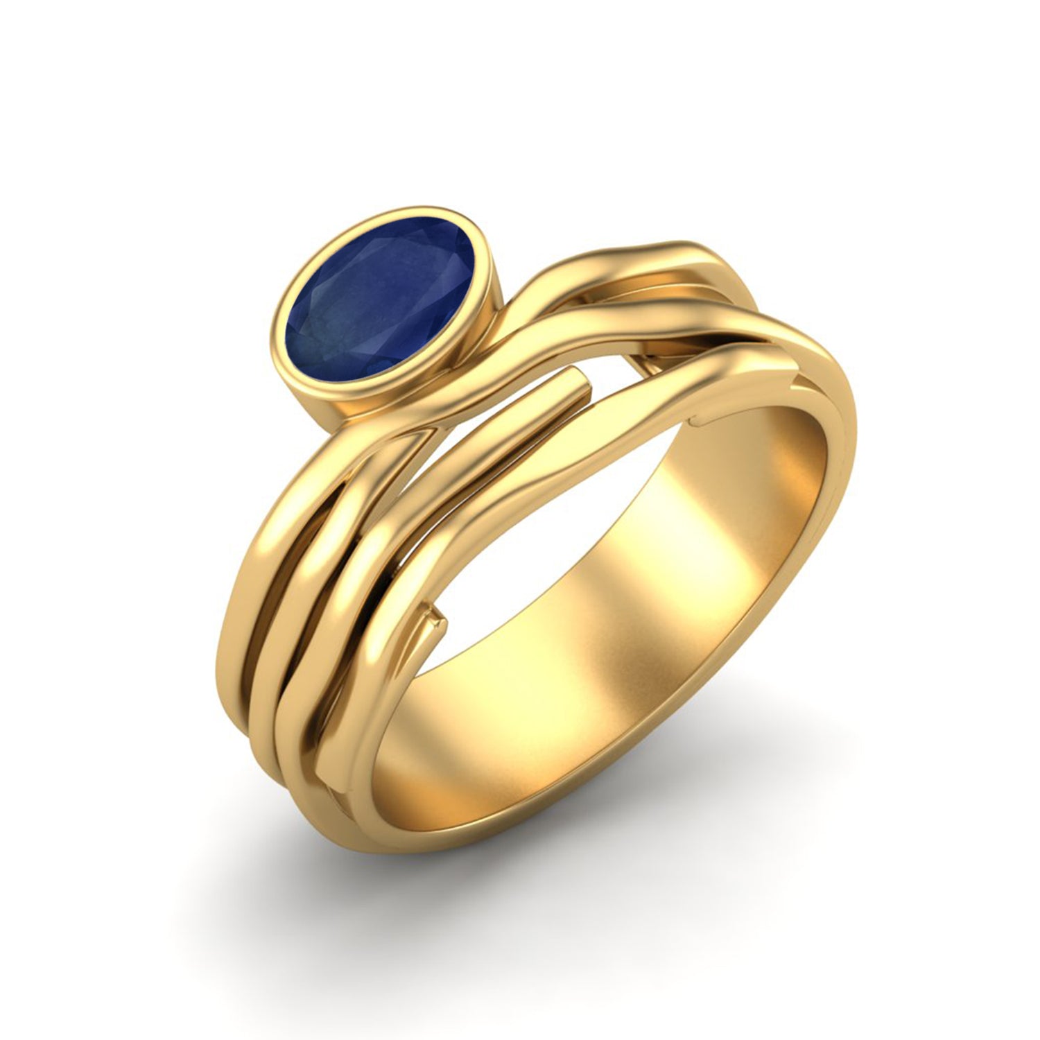Blue Sapphire 0.50 Ct Oval Wavy Multi-Band Artistic Ring – 14k Yellow Gold