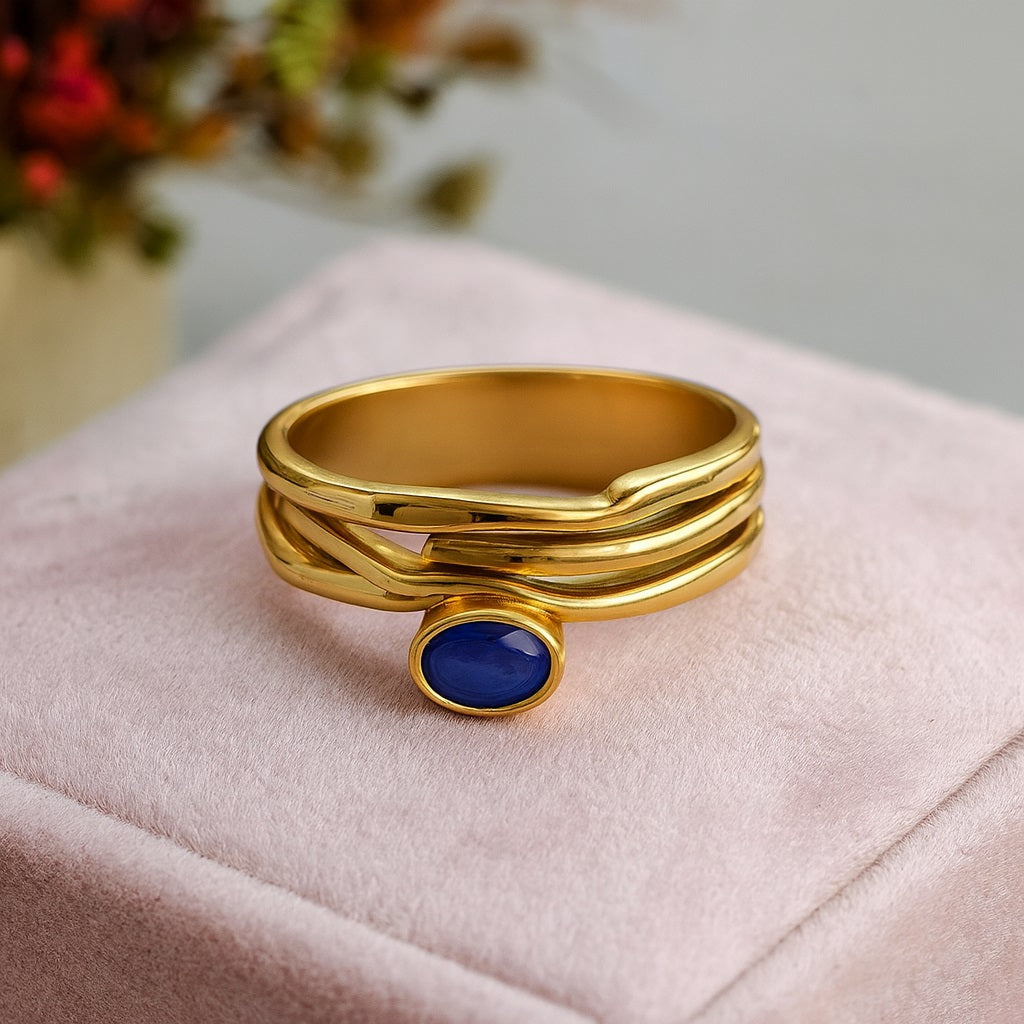 Blue Sapphire 0.50 Ct Oval Wavy Multi-Band Artistic Ring – 14k Yellow Gold