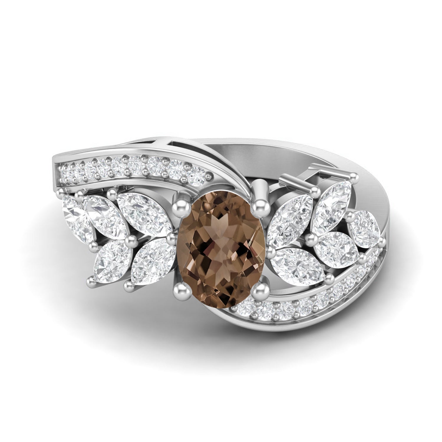 Smoky Quartz 1.00 Ct Oval Leaf Accent Ring – 14K Yellow Gold