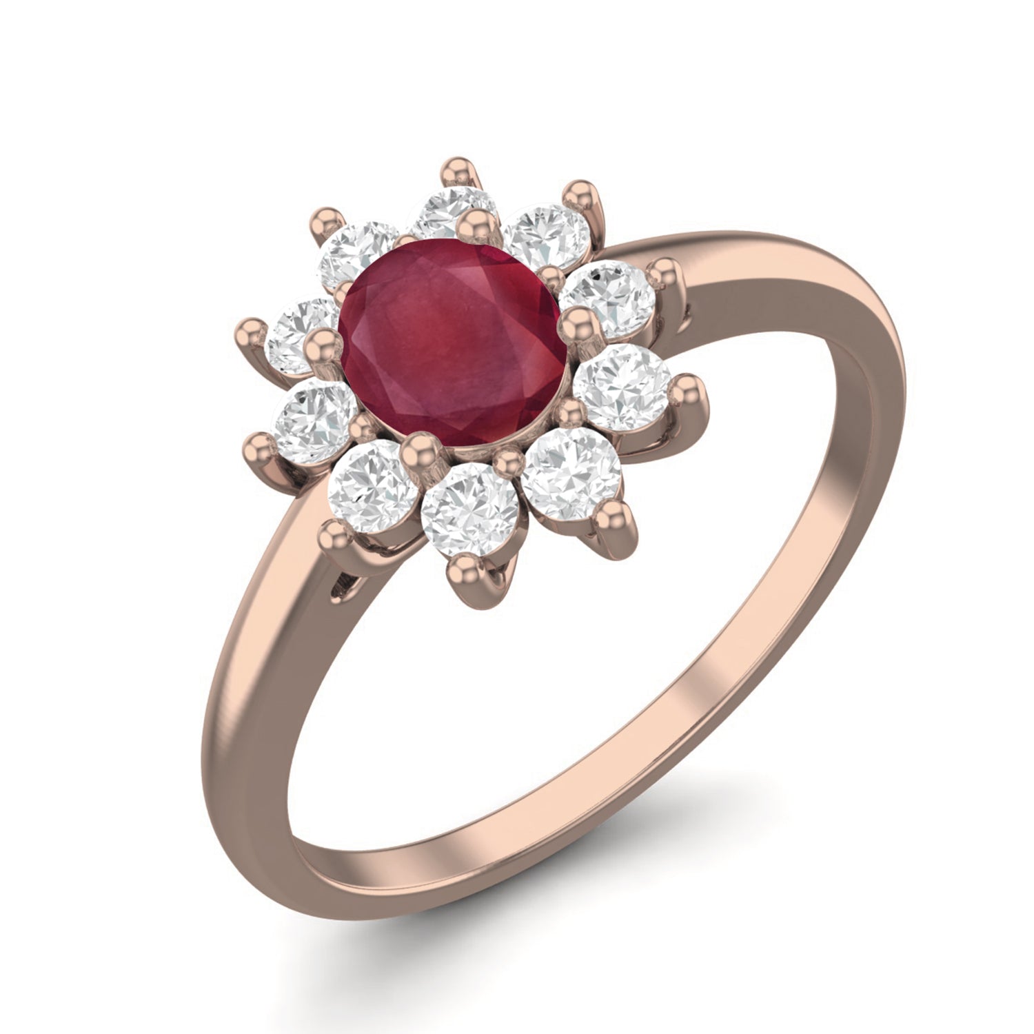 Ruby 0.50 Ct Oval Floral Halo Ring – 14K Yellow Gold