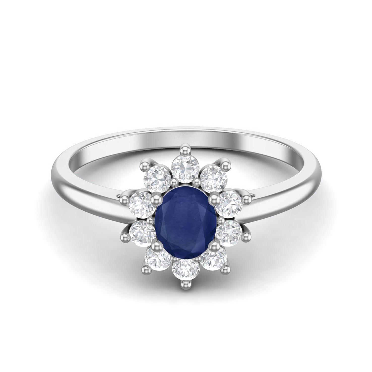 Blue Sapphire Classic Flower Halo Ring – Sterling Silver