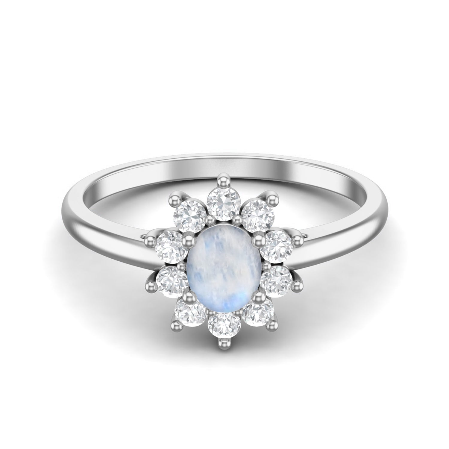 Moonstone Floral Halo Design Ring - Sterling Silver