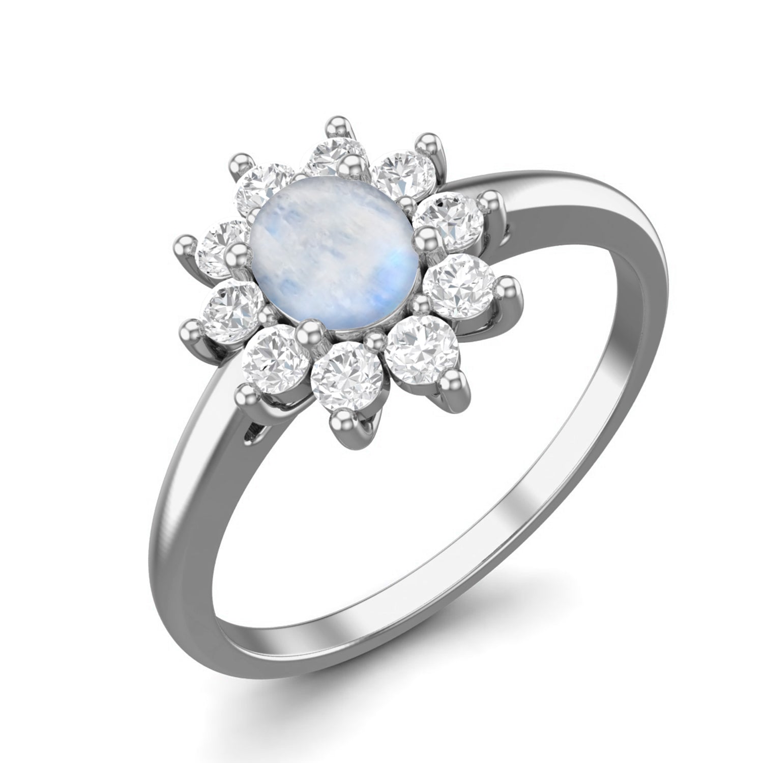 Moonstone Floral Halo Design Ring - Sterling Silver