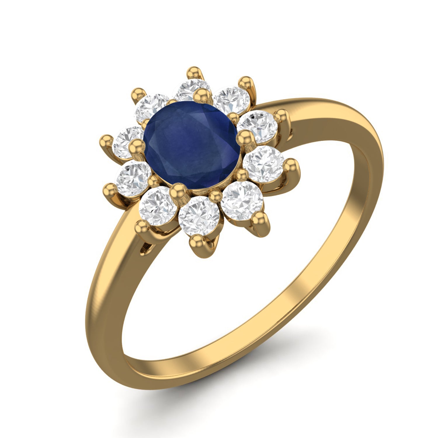 Blue Sapphire Oval 0.25 Ct Classic Floral HaloRing - 14k Yellow Gold