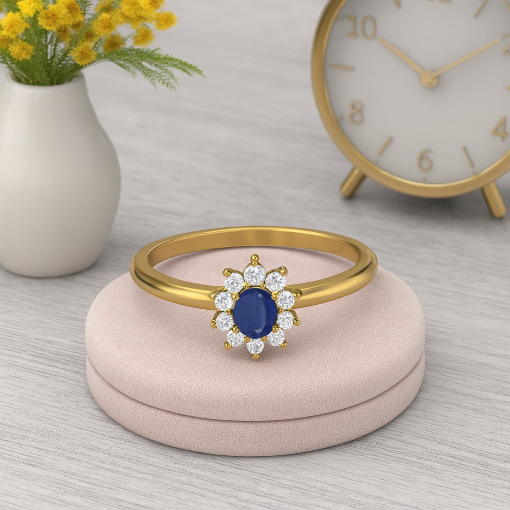 Blue Sapphire Oval 0.25 Ct Classic Floral HaloRing - 14k Yellow Gold
