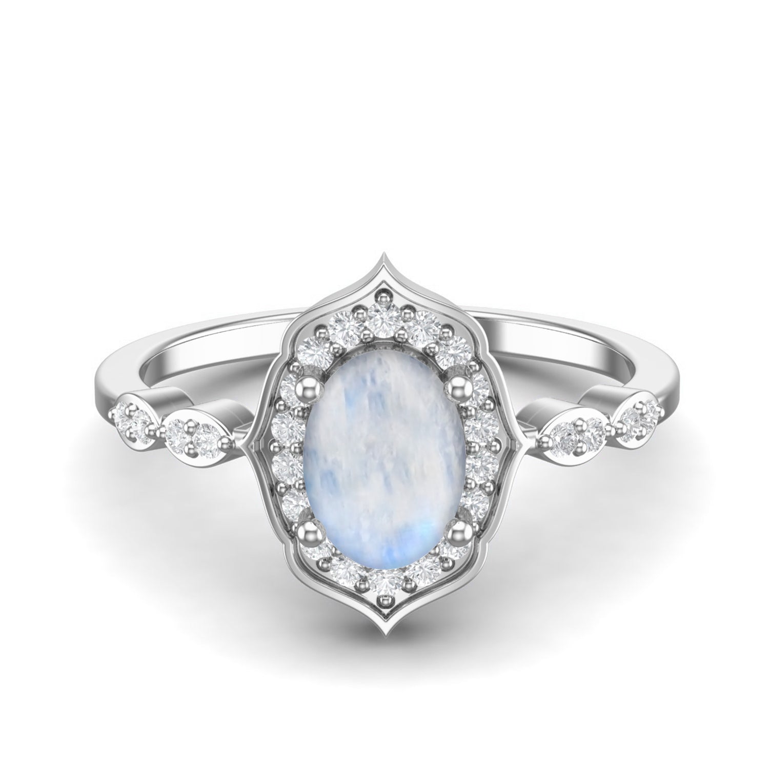 Moonstone Halo Accents Ring – Sterling Silver