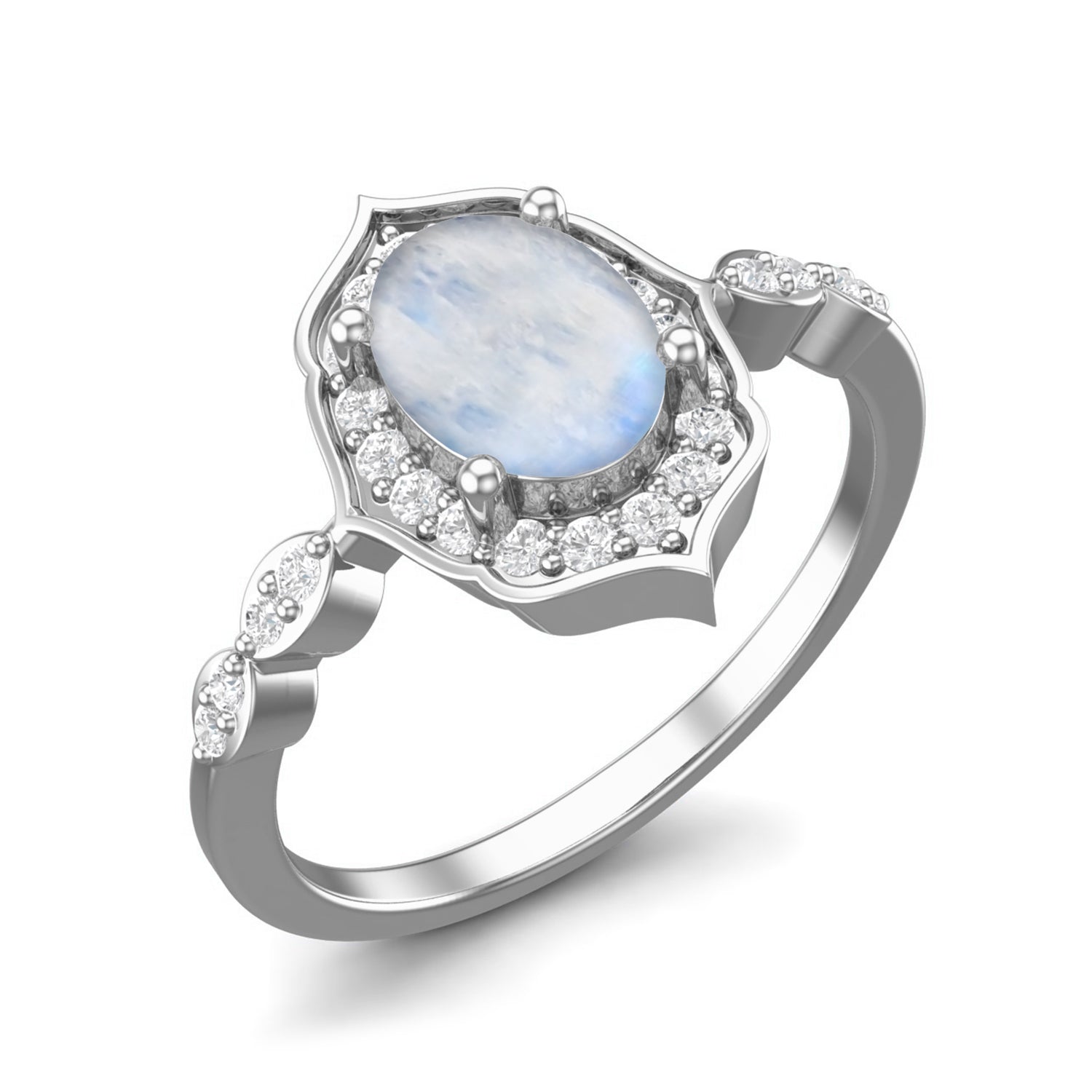 Moonstone Halo Accents Ring – Sterling Silver