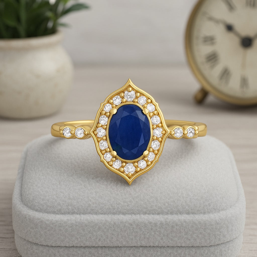 Blue Sapphire 1.0 Ct Oval Vintage Halo Mandala Design Ring - 14k Yellow Gold