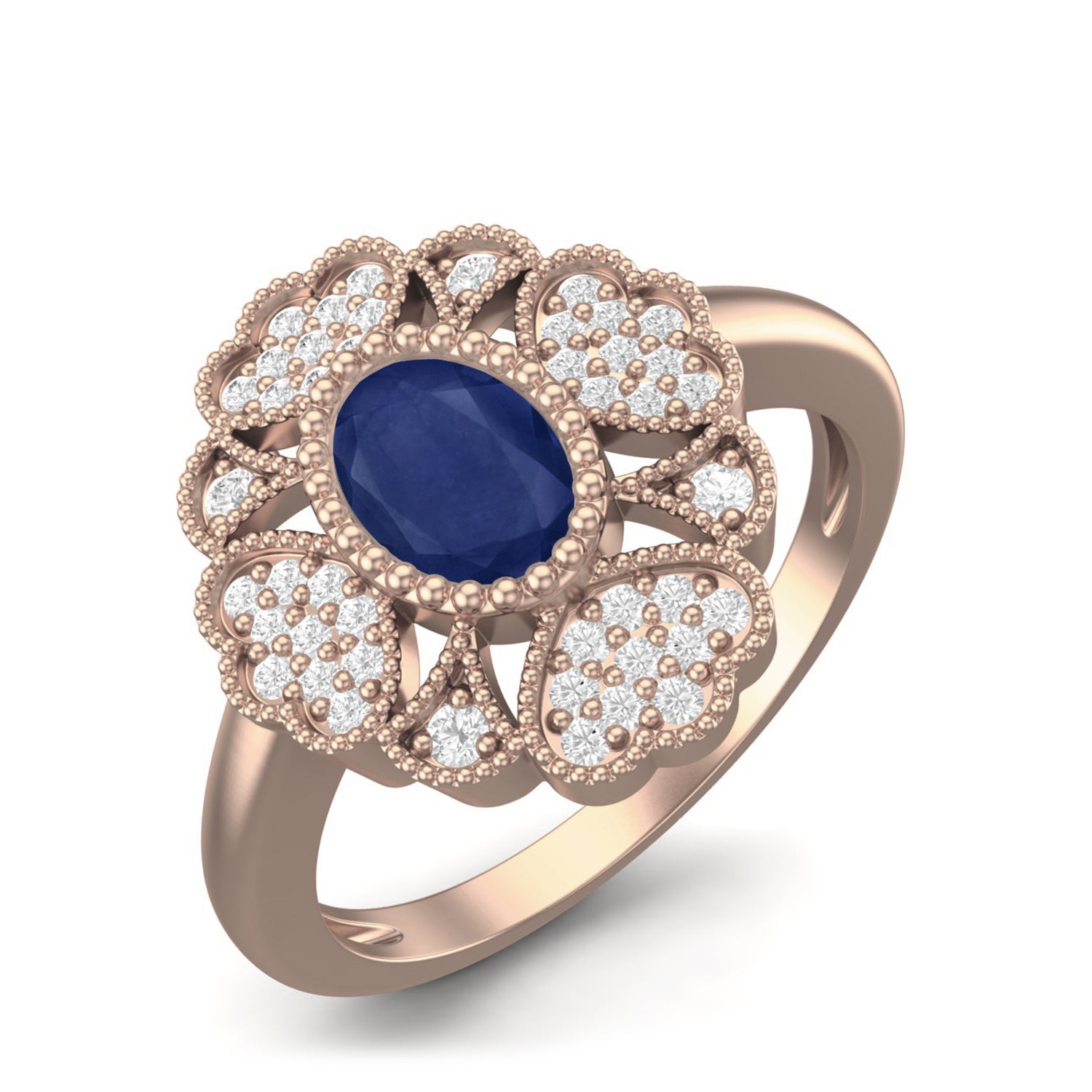 Blue Sapphire Heart Cluster Filigree Ring – Sterling Silver
