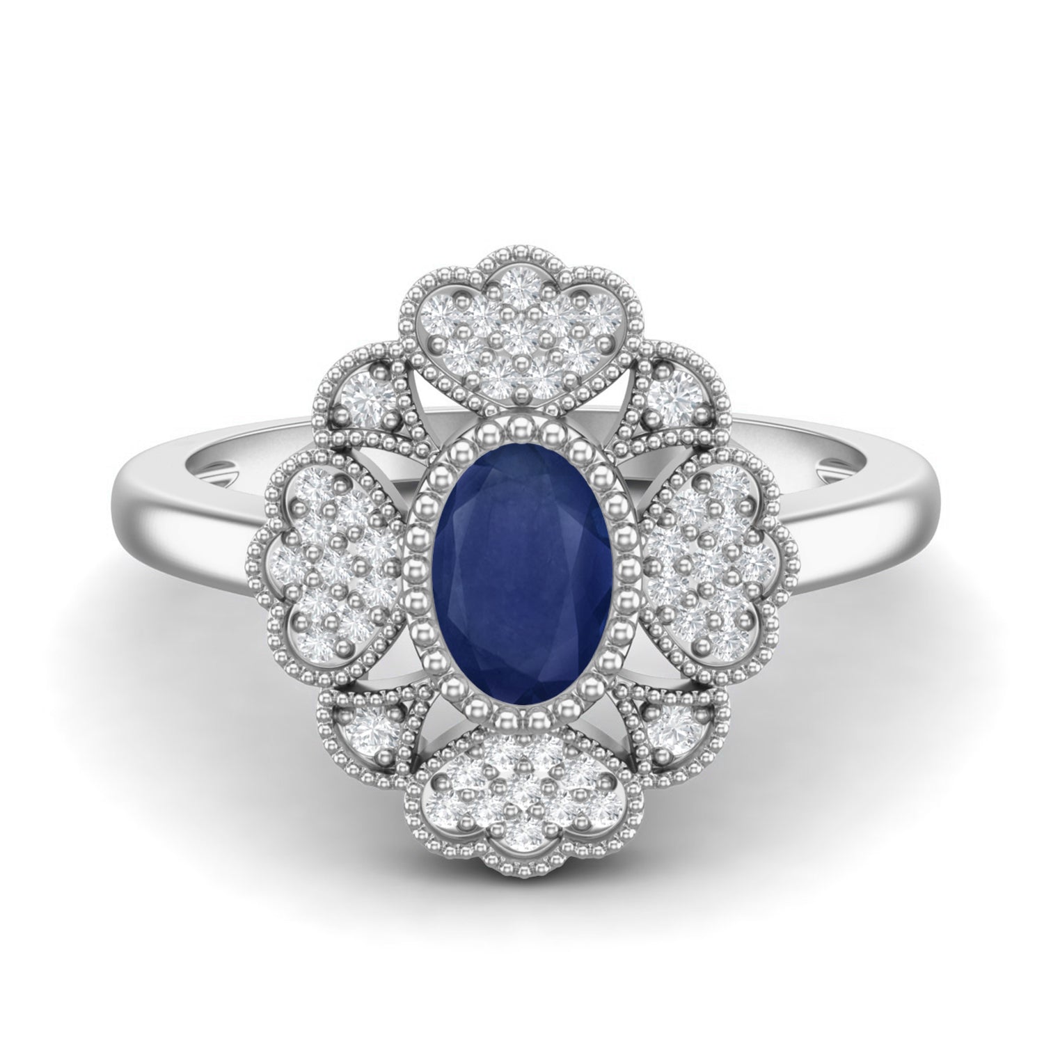 Blue Sapphire Heart Cluster Filigree Ring – Sterling Silver