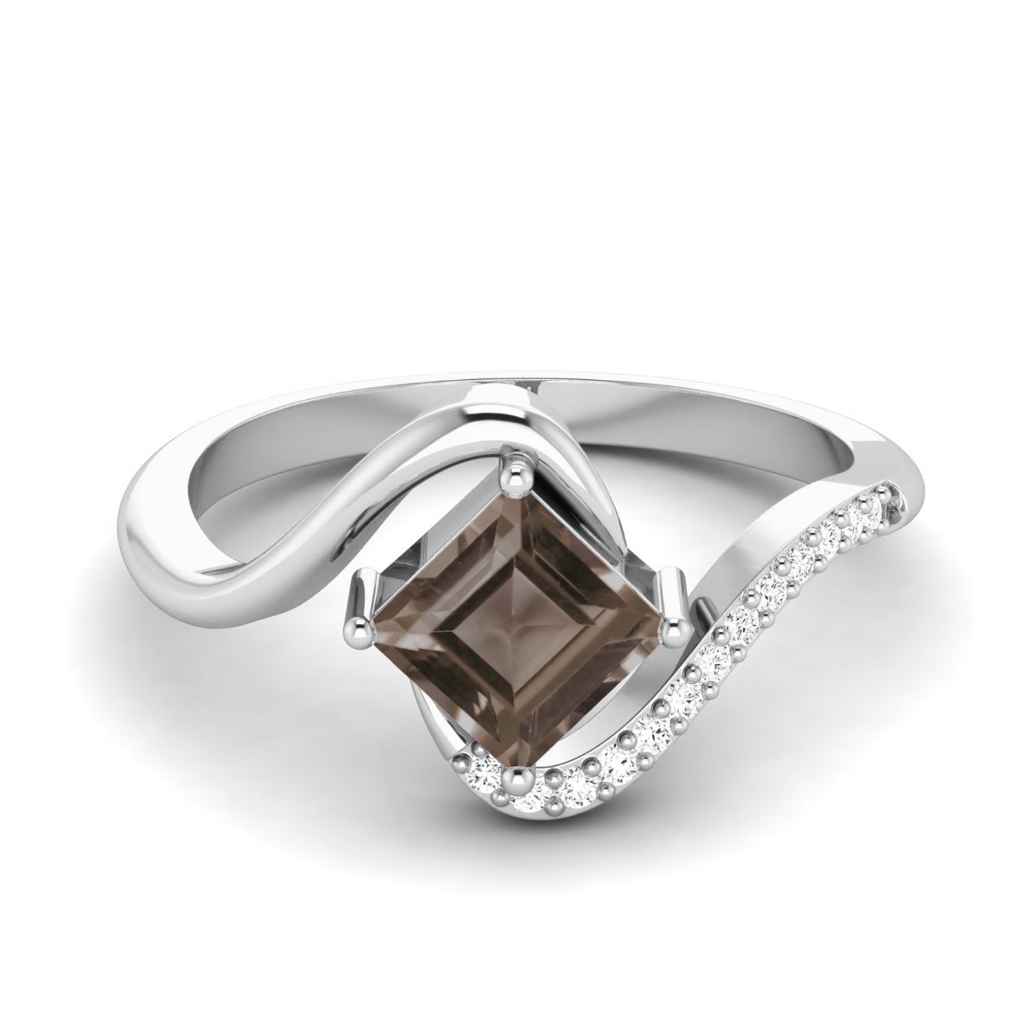 Smoky Quartz 0.75 Ct Square Accent Modern Wave Ring – 14K Yellow Gold
