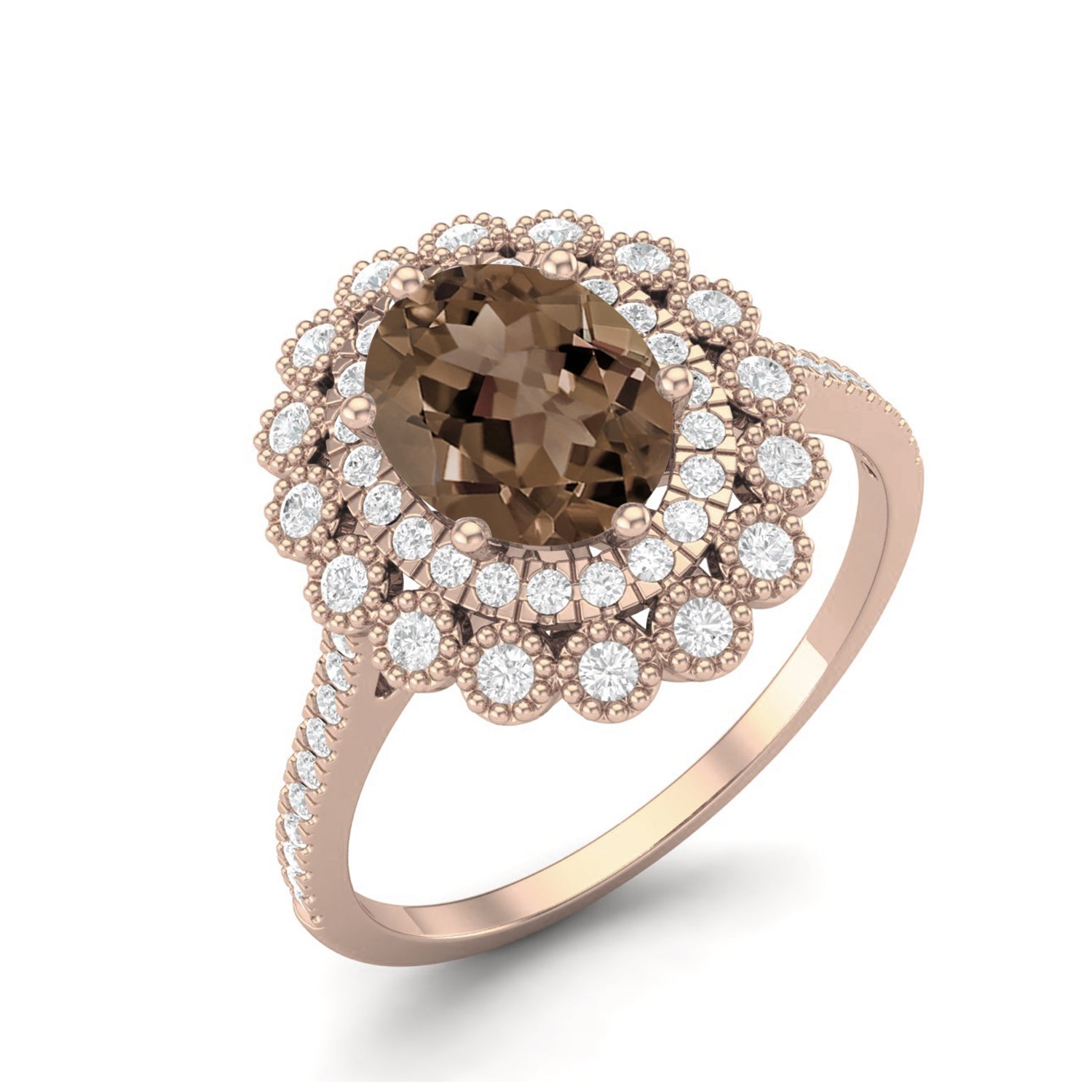 Smoky Quartz 1.50 Ct Oval Double Halo Ring – 14K Yellow Gold