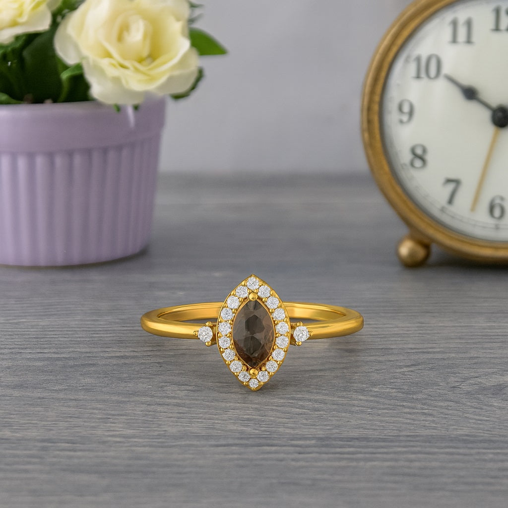 Smoky Quartz 0.20 Ct Marquise Petite Elegant Halo Ring – 14K Yellow Gold