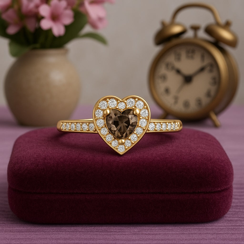 Smoky Quartz 0.16 Ct Heart Shape Promise Halo Ring – 14K Yellow Gold