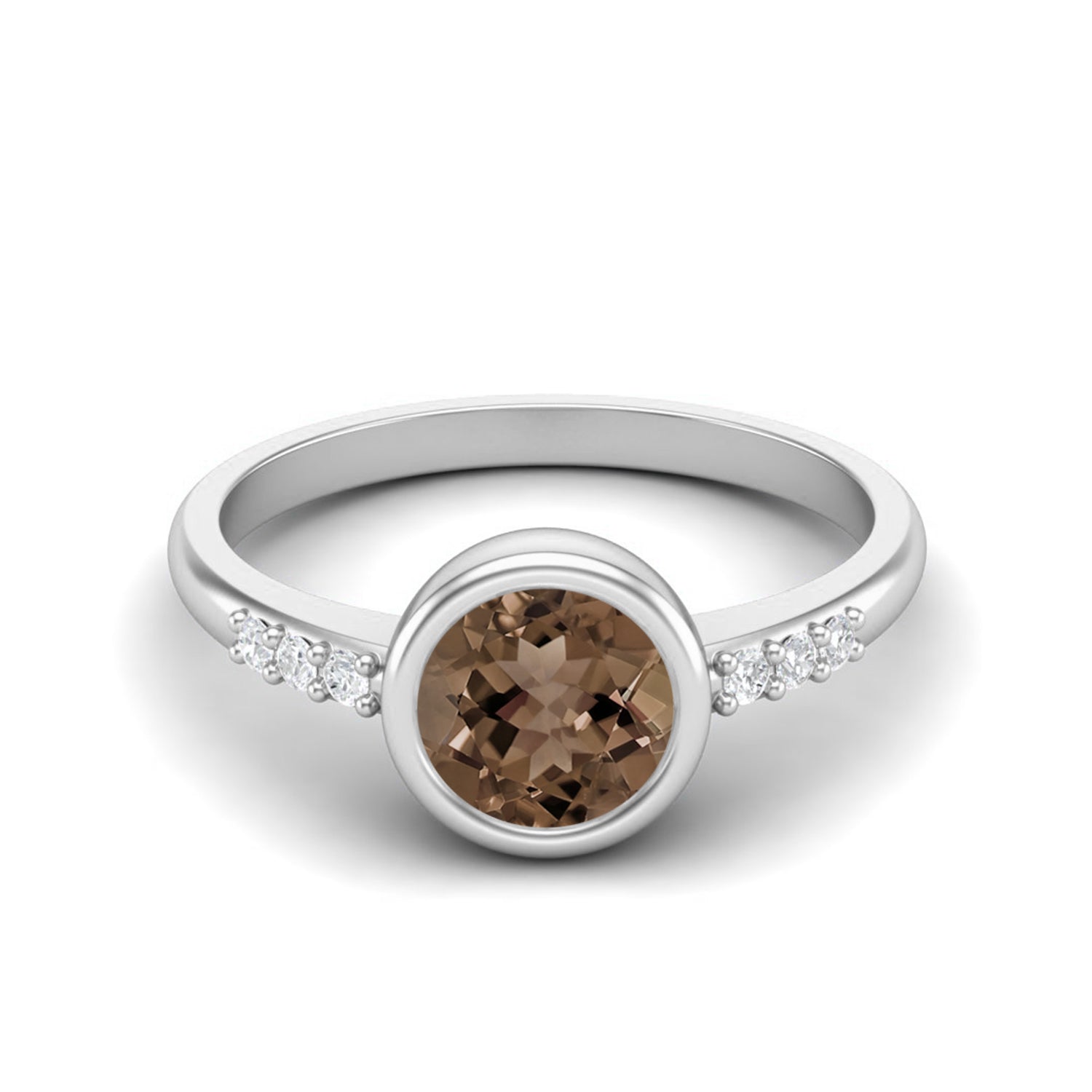 Smoky Quartz 0.75 Ct Round Solitaire Side Accent Ring – 14K Yellow Gold