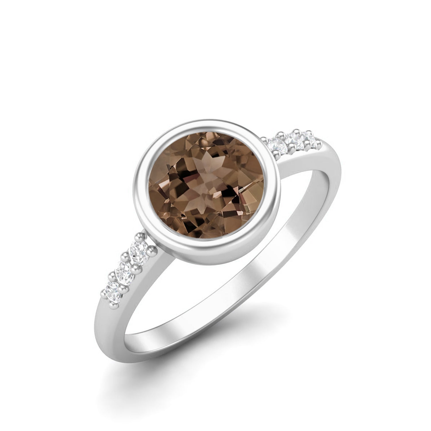 Smoky Quartz 0.75 Ct Round Solitaire Side Accent Ring – 14K Yellow Gold