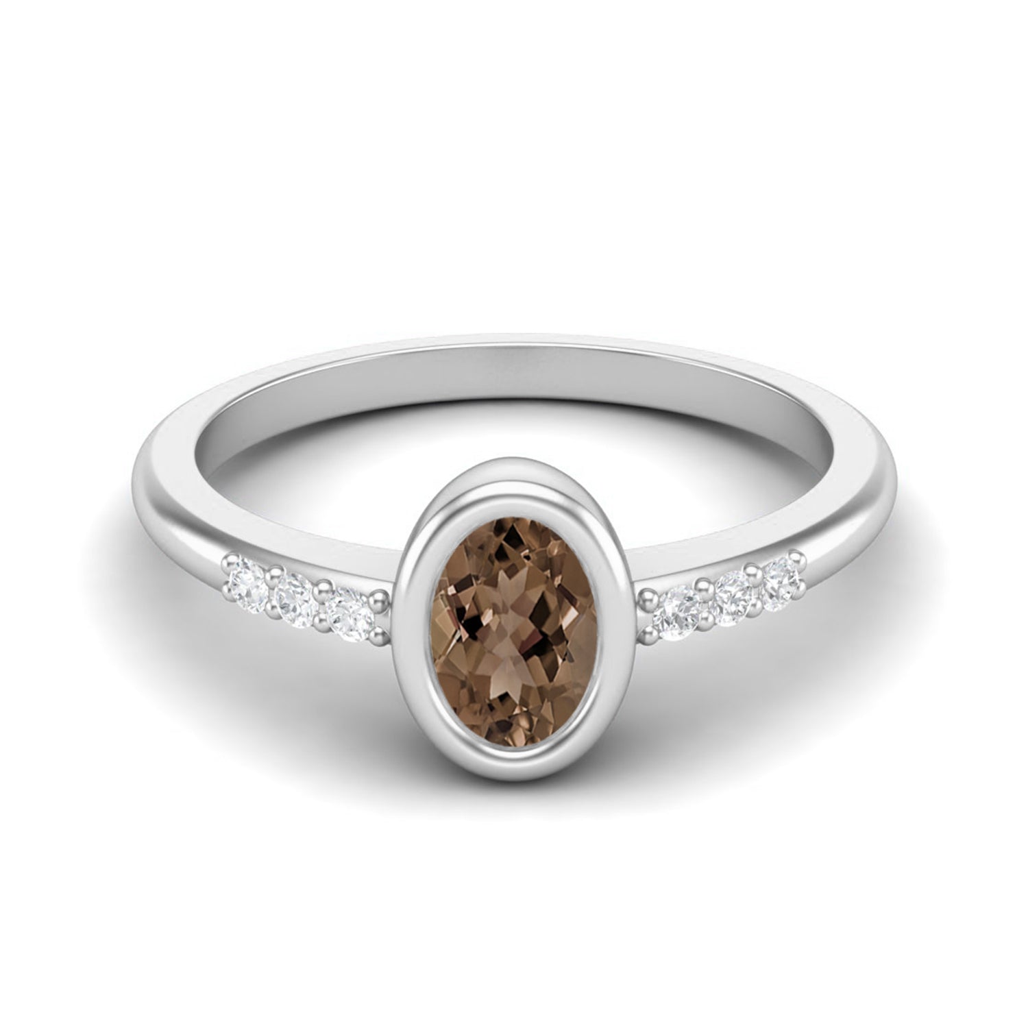 Smoky Quartz 0.50 Ct Oval Solitaire Side Accent Ring – 14K Yellow Gold