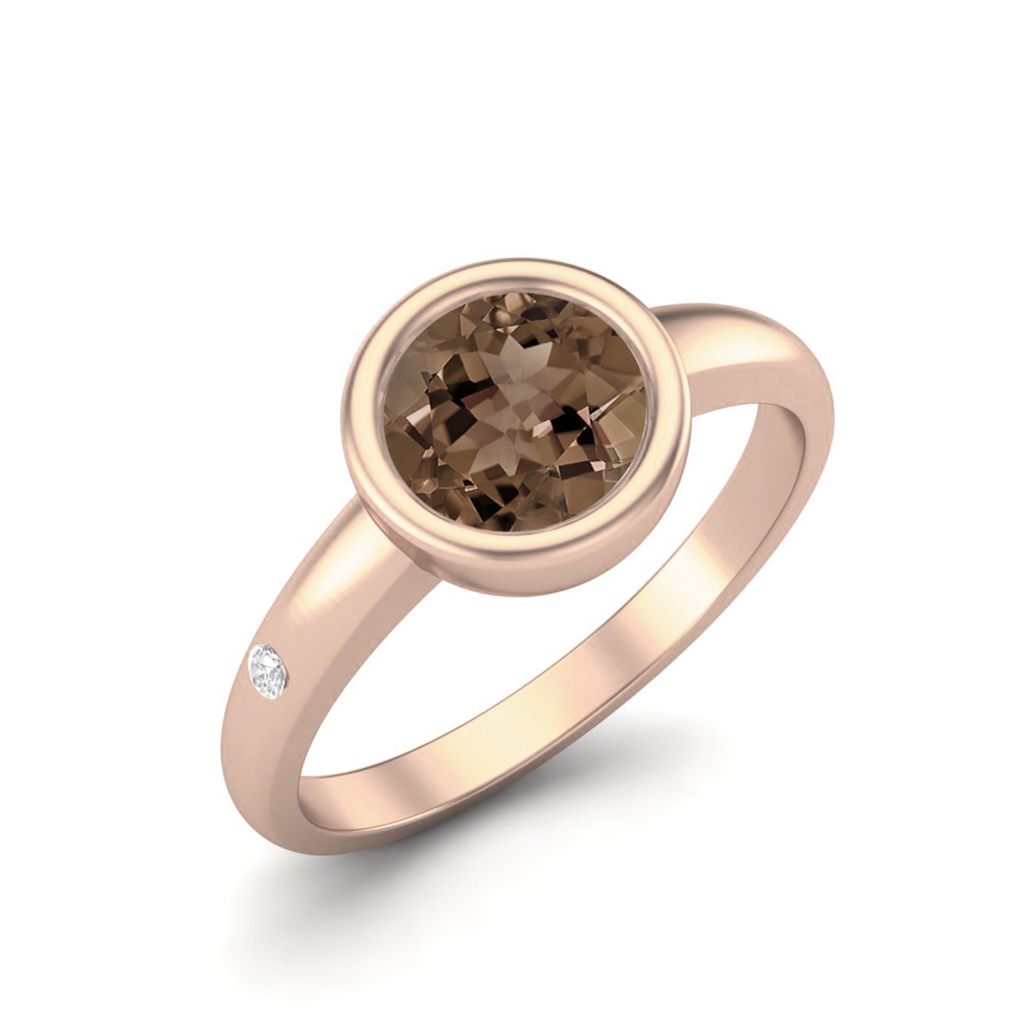 Smoky Quartz 0.75 Ct Round Bezel Solitaire Ring – 14K Yellow Gold