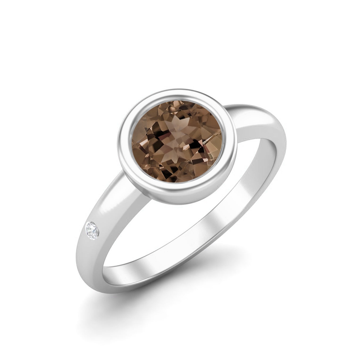 Smoky Quartz 0.75 Ct Round Bezel Solitaire Ring – 14K Yellow Gold