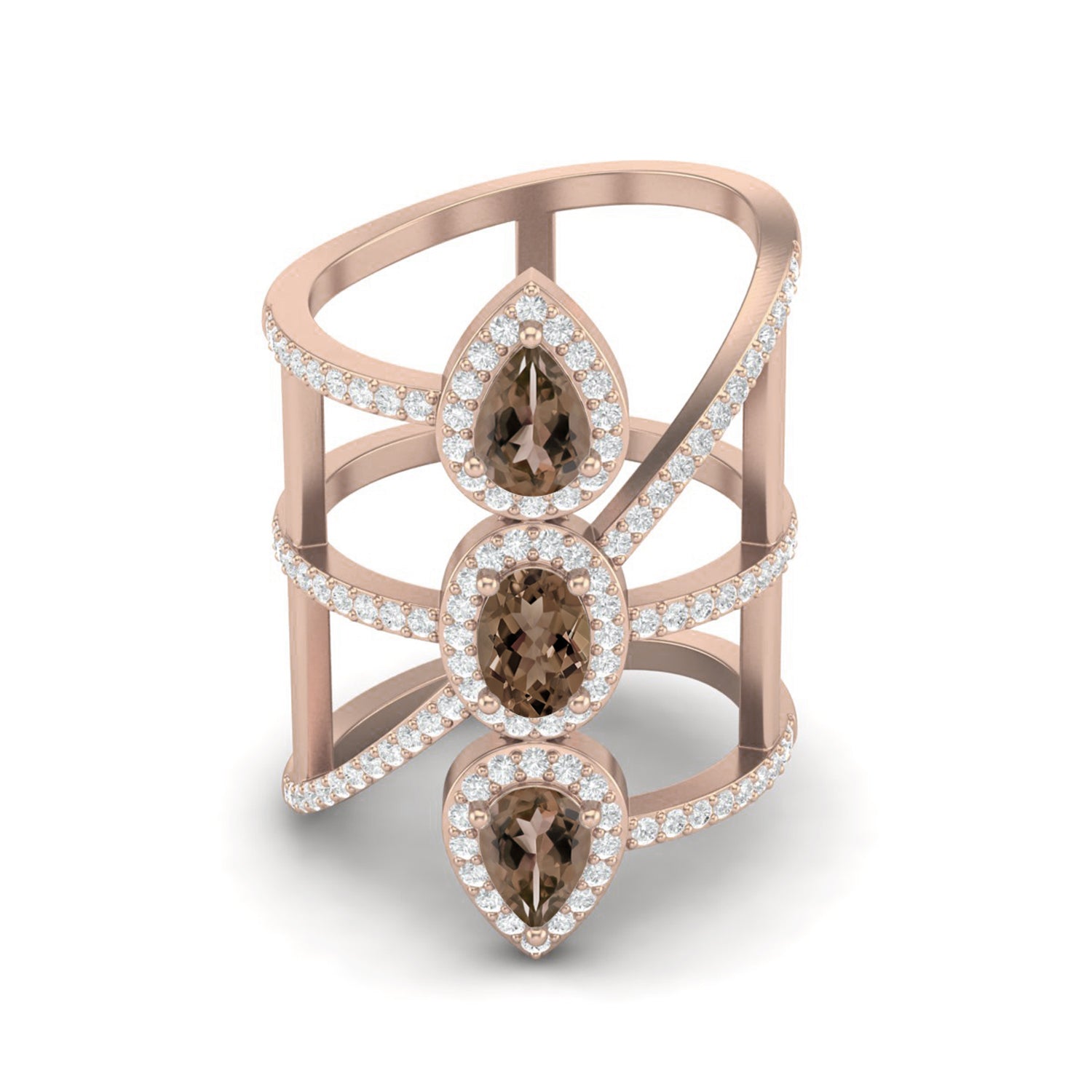 Smoky Quartz 2.10 Ct Pear Bold Statement Halo Ring – 14K Yellow Gold