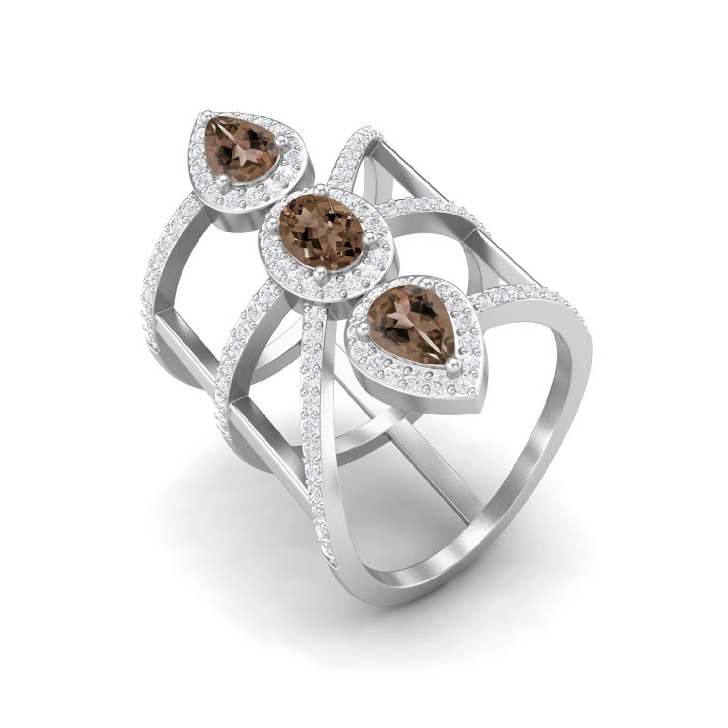 Smoky Quartz 2.10 Ct Pear Bold Statement Halo Ring – 14K Yellow Gold