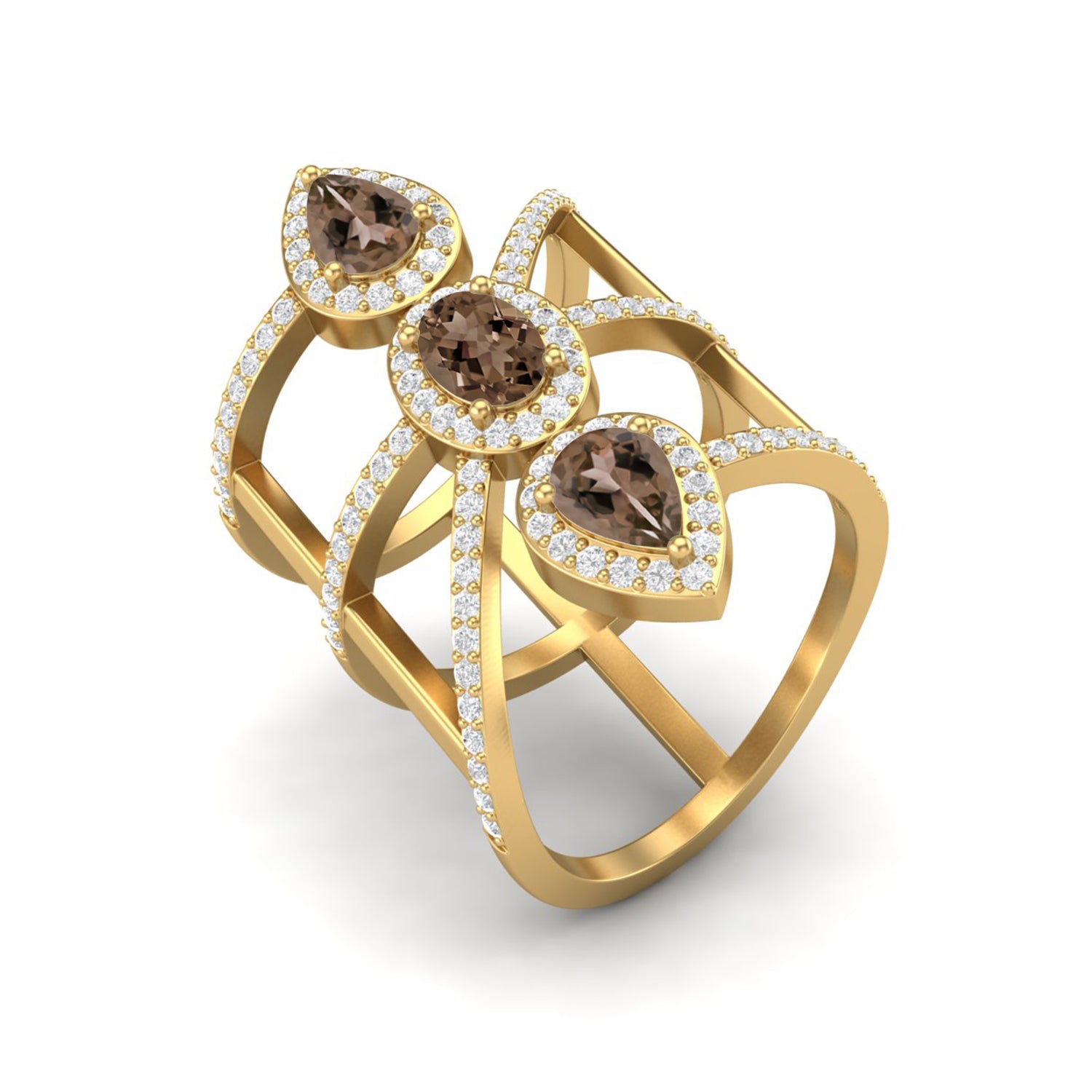 Smoky Quartz 2.10 Ct Pear Bold Statement Halo Ring – 14K Yellow Gold