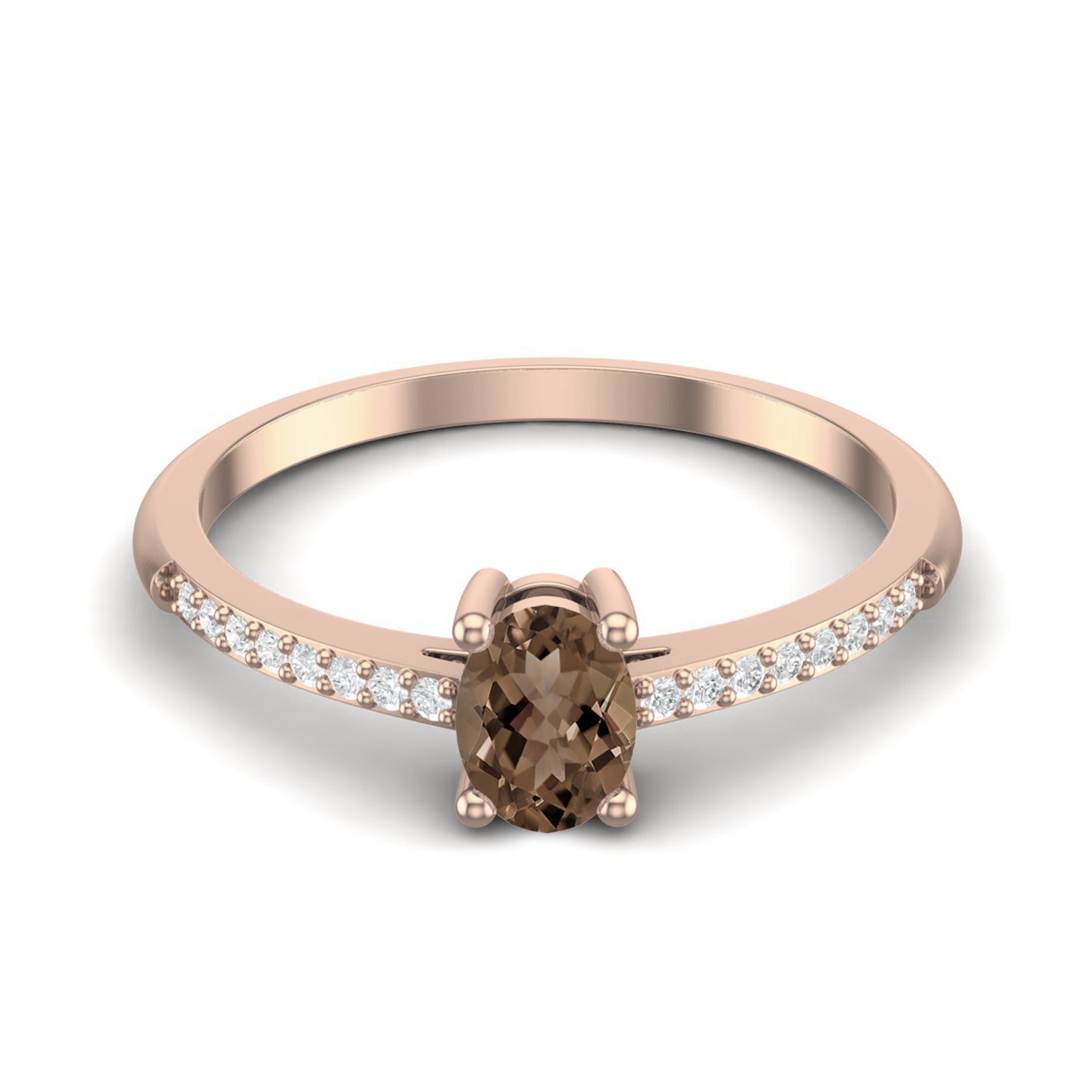 Smoky Quartz 0.25 Ct Oval Solitaire with Accents Ring - 14K Yellow Gold