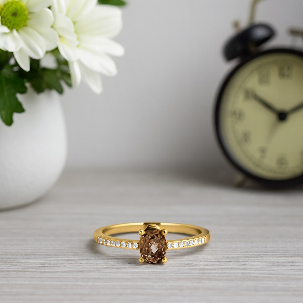 Smoky Quartz 0.25 Ct Oval Solitaire with Accents Ring - 14K Yellow Gold