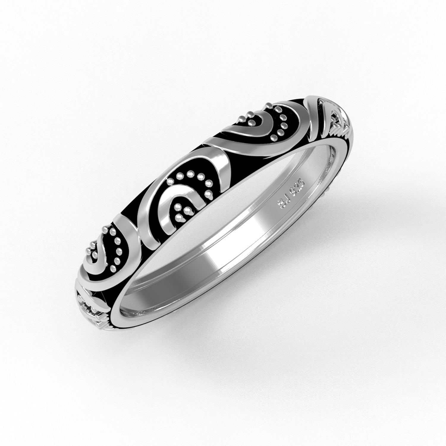 Tribal Pattern Band Oxidized Boho Design Ring - Sterling Silver