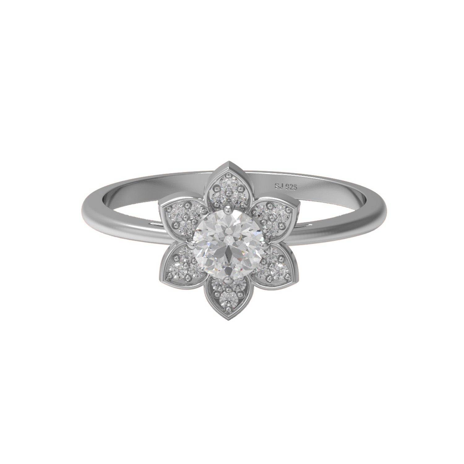 Moissanite Lotus Petal Floral Halo Ring – Sterling Silver